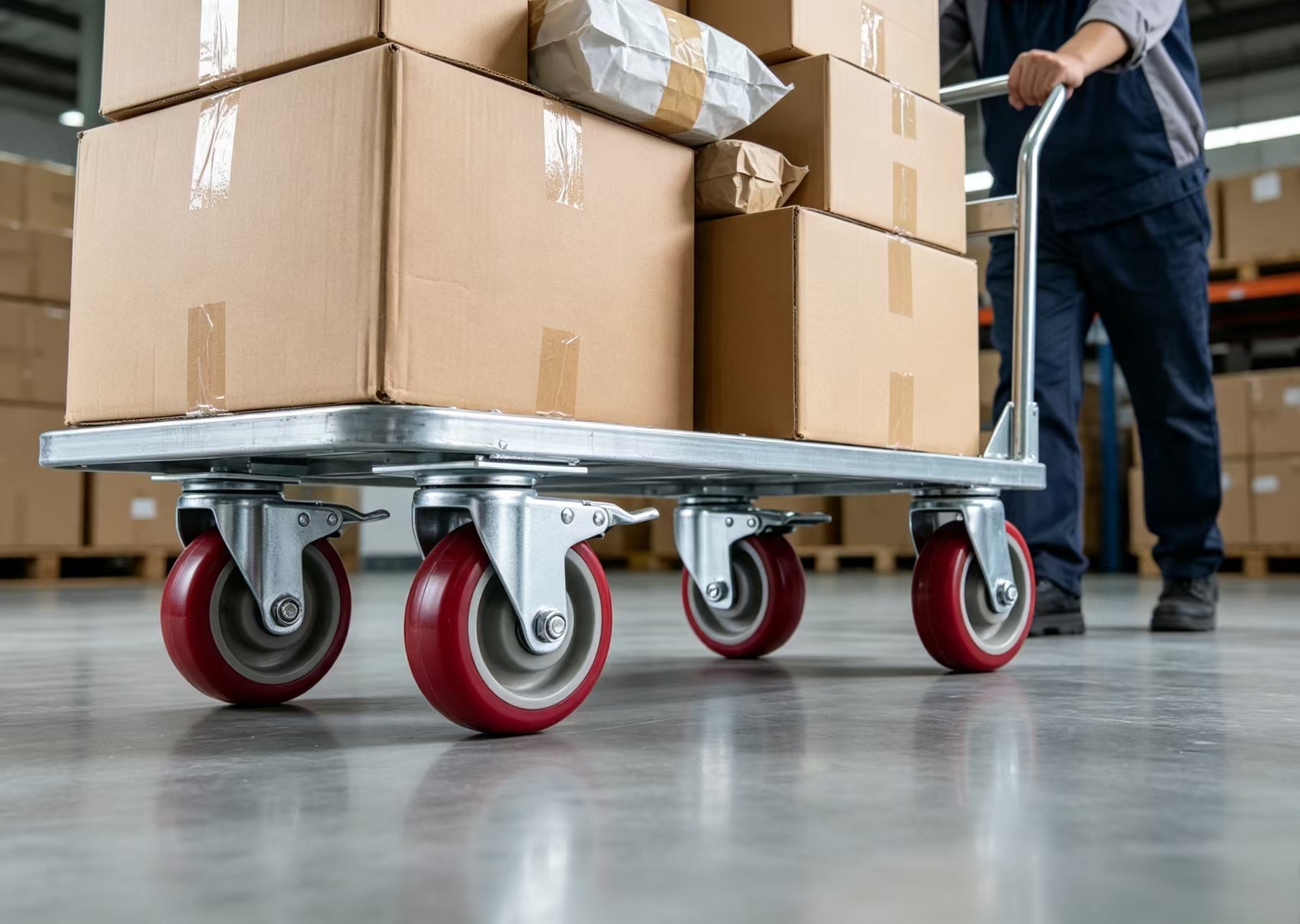Worker pushing transport cart